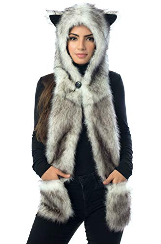 Algopix Similar Product 13 - White Wolf Hood Faux Fur Hat with