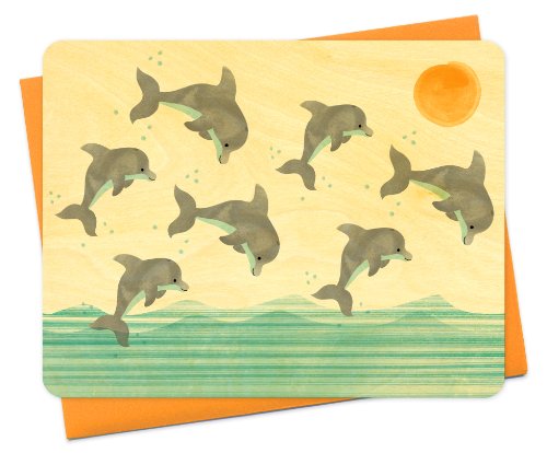 Algopix Similar Product 1 - Dancing Dolphins Wood Notecard by Night