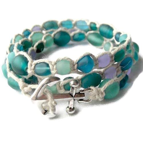 Algopix Similar Product 6 - Blue Sea Glass Anchor Hemp Wrap Bracelet