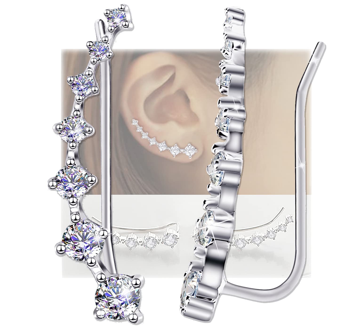 Algopix Similar Product 9 - 7 Crystals Ear Cuffs Hoop Climber S925