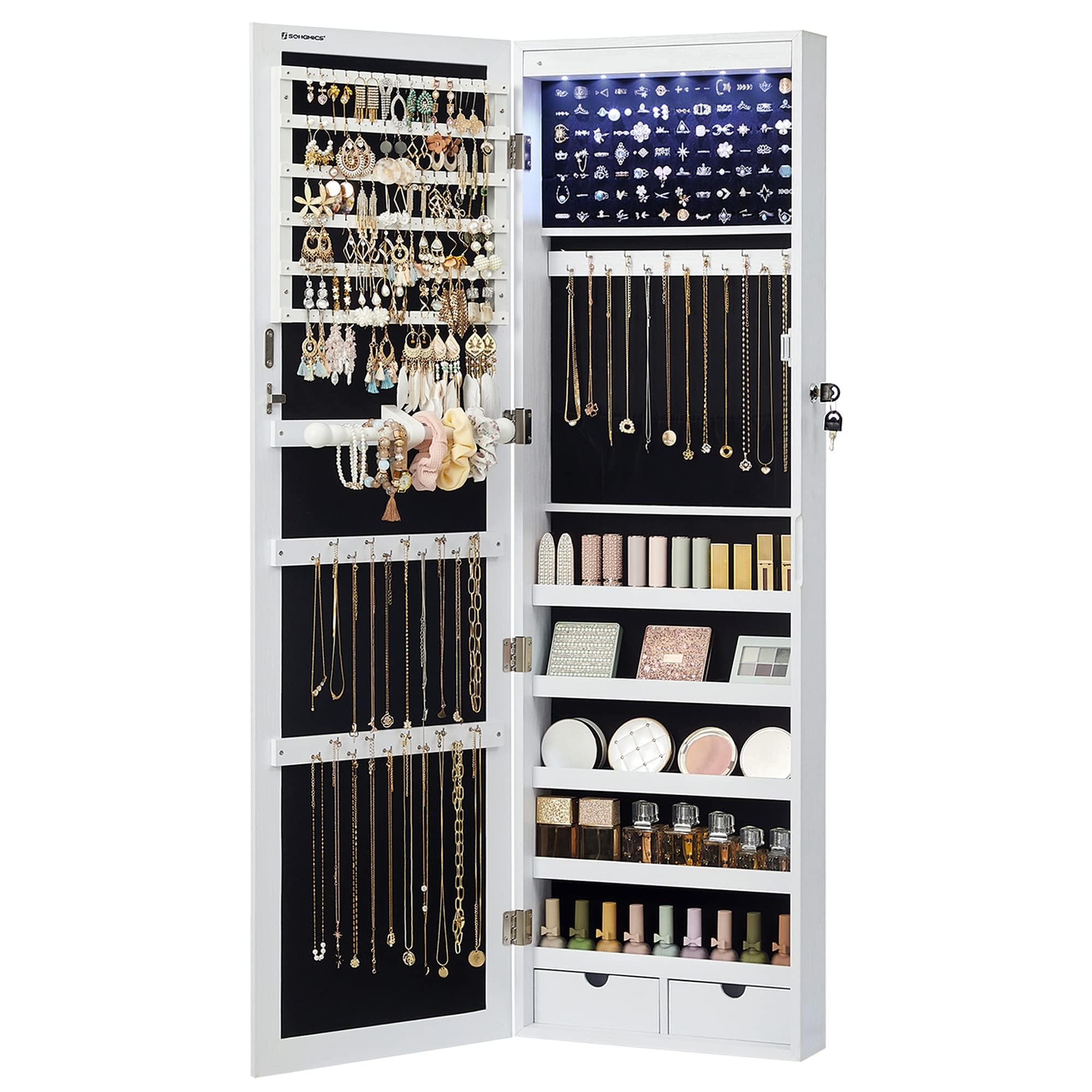 Algopix Similar Product 17 - SONGMICS 6 LEDs Mirror Jewelry Cabinet