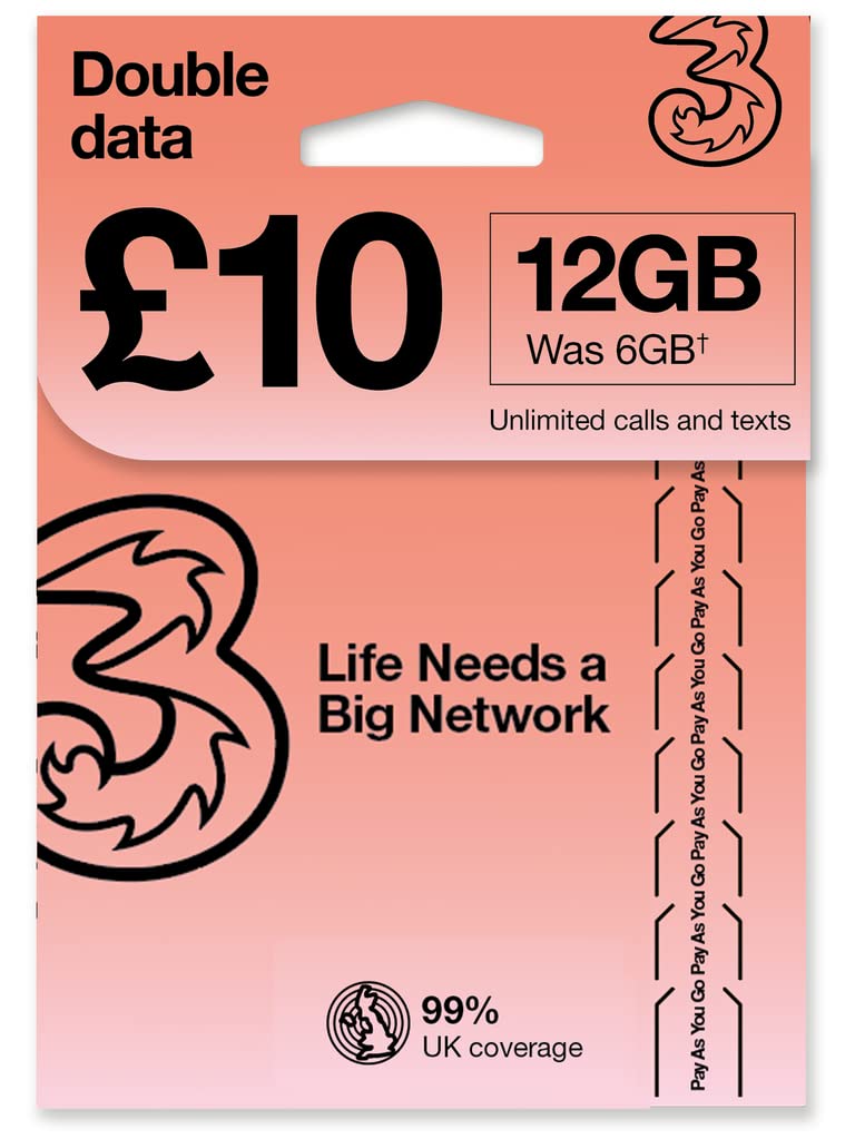 Algopix Similar Product 14 - PrePaid Europe UK THREE sim card 12GB