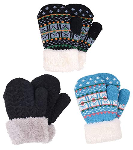 Algopix Similar Product 18 - 3 Pairs Boys Sherpa Lined Knit Mittens