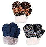 Algopix Similar Product 6 - 3 Pairs Boys Sherpa Lined Knit Mittens
