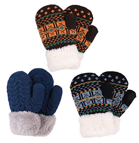 Algopix Similar Product 17 - 3 Pairs Boys Sherpa Lined Knit Mittens