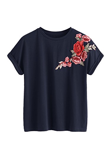 Algopix Similar Product 8 - Romwe Womens Floral Embroidery Cuffed