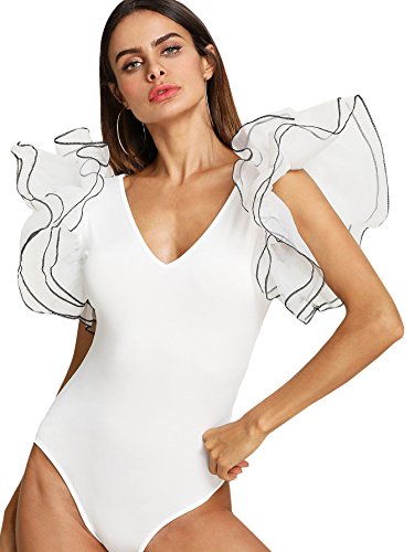 Algopix Similar Product 18 - Romwe Womens V Neck Ruffle Mesh Sleeve