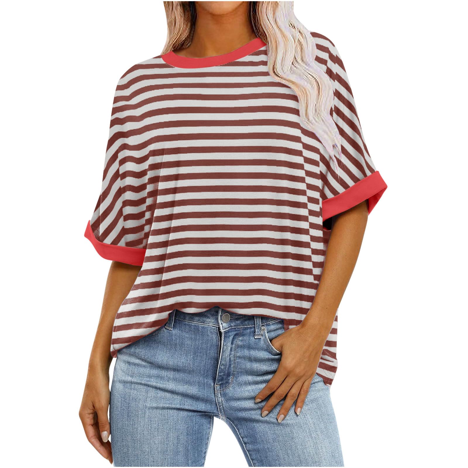 Algopix Similar Product 17 - Women Oversized Striped Short Sleeve