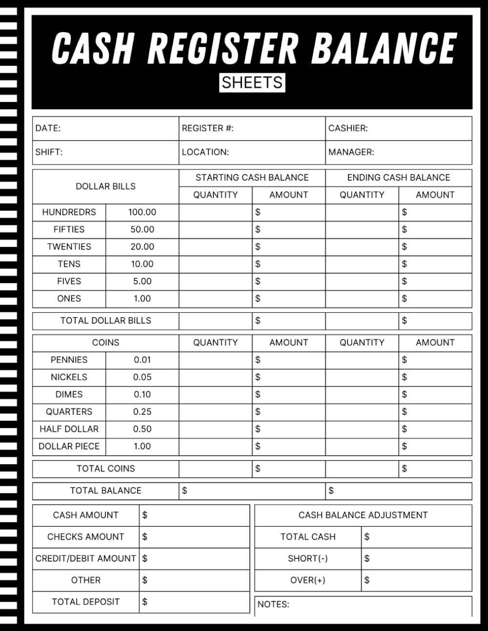 Algopix Similar Product 17 - Cash Register Balance Sheets Cashier