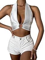 Algopix Similar Product 10 - SheIn Womens Deep V Neck Knot Tie Crop